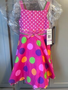 Rare Editions Girls Fuchsia Dress with Multicolor Polka Dots - Size 6 - NWT